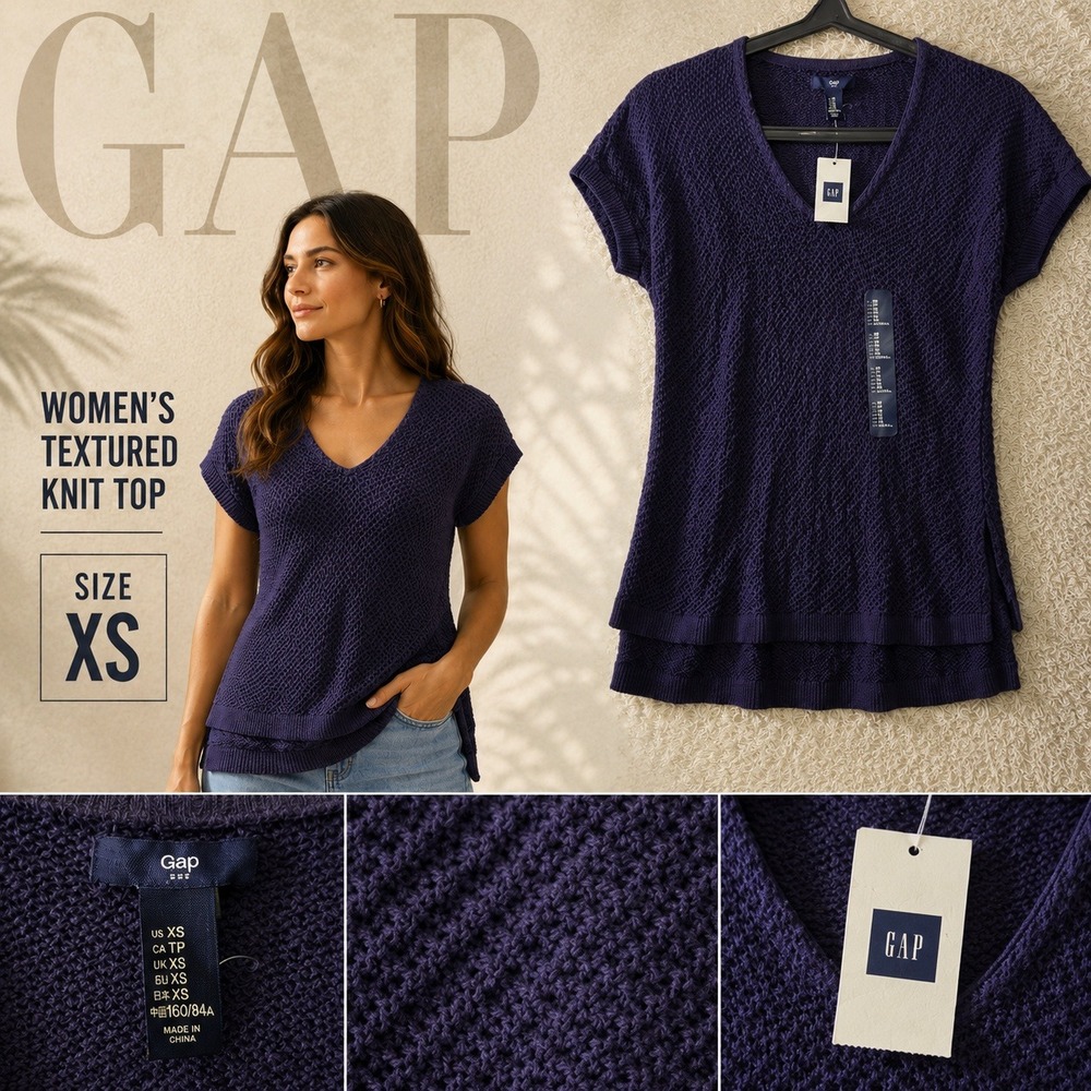 Gap Womens Textured Knit V-Neck Cap Sleeve Top Purple XS New With Tags